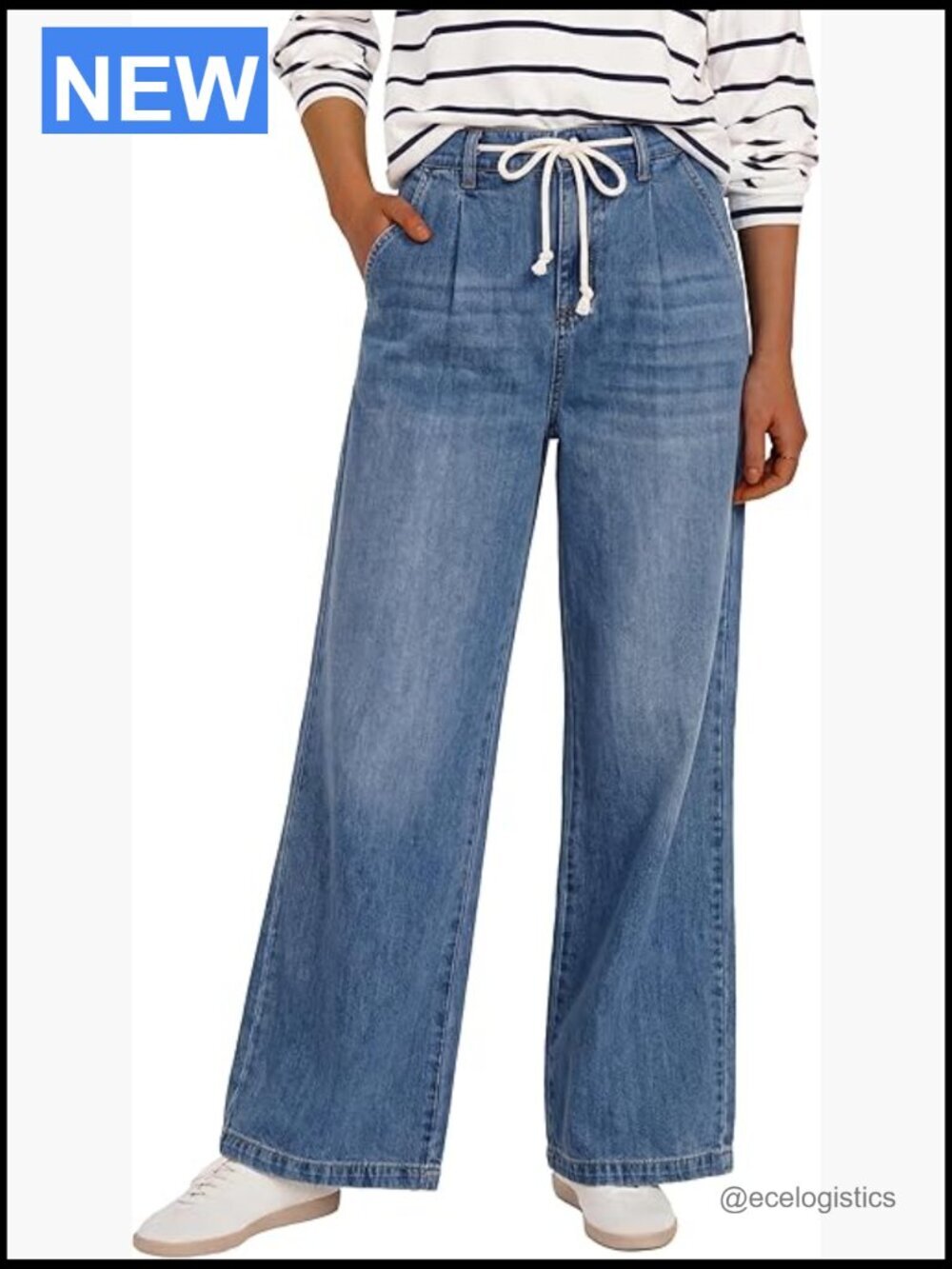 High Waisted Wide Leg Jeans with Drawstring and Pockets